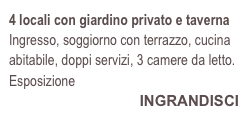 4 locali con giardino privato e taverna
Ingresso, soggiorno con terrazzo, cucina abitabile, doppi servizi, 3 camere da letto.
Esposizione
INGRANDISCI